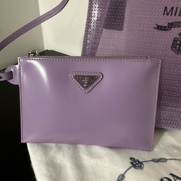 PRADA Logo Sequined Small Lily Tote Mesh Semi Transparent w Pouch Purple NWT NEW - Picture 5 of 7